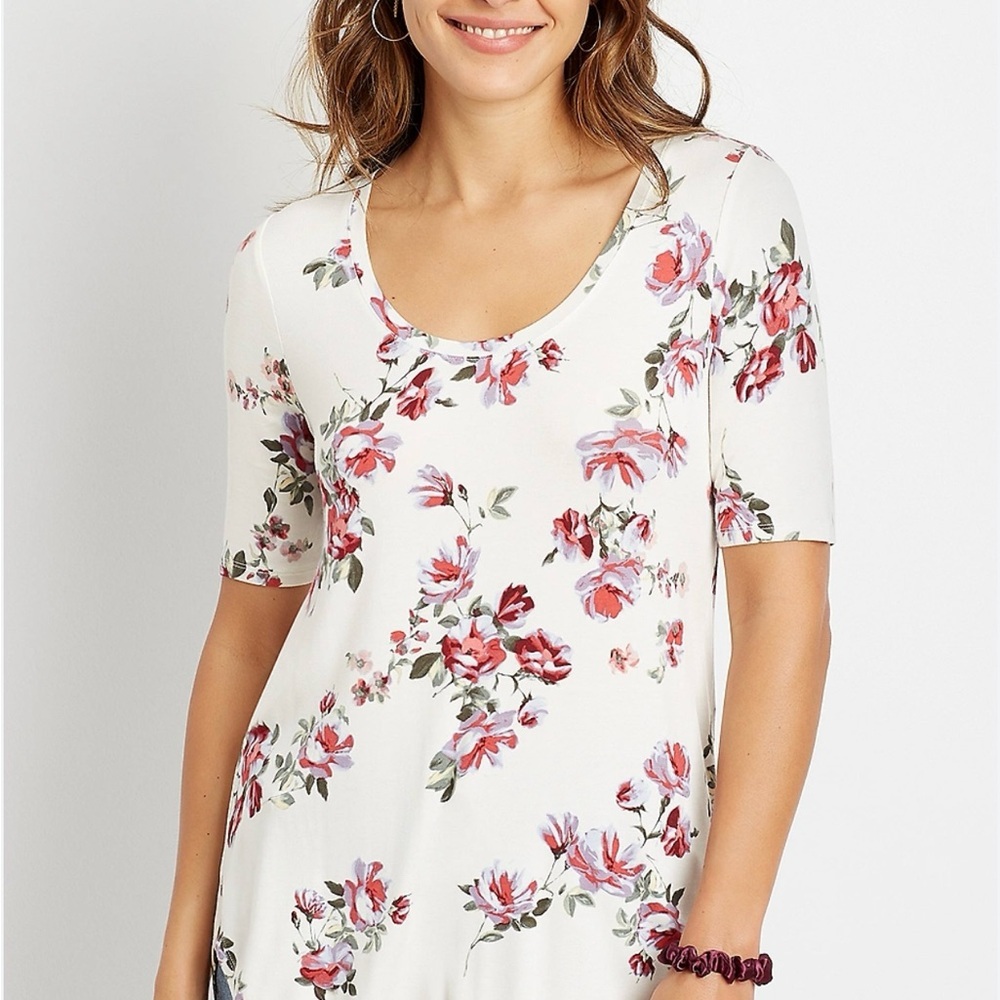 Maurices 24/7 Floral Print White and Pink Top